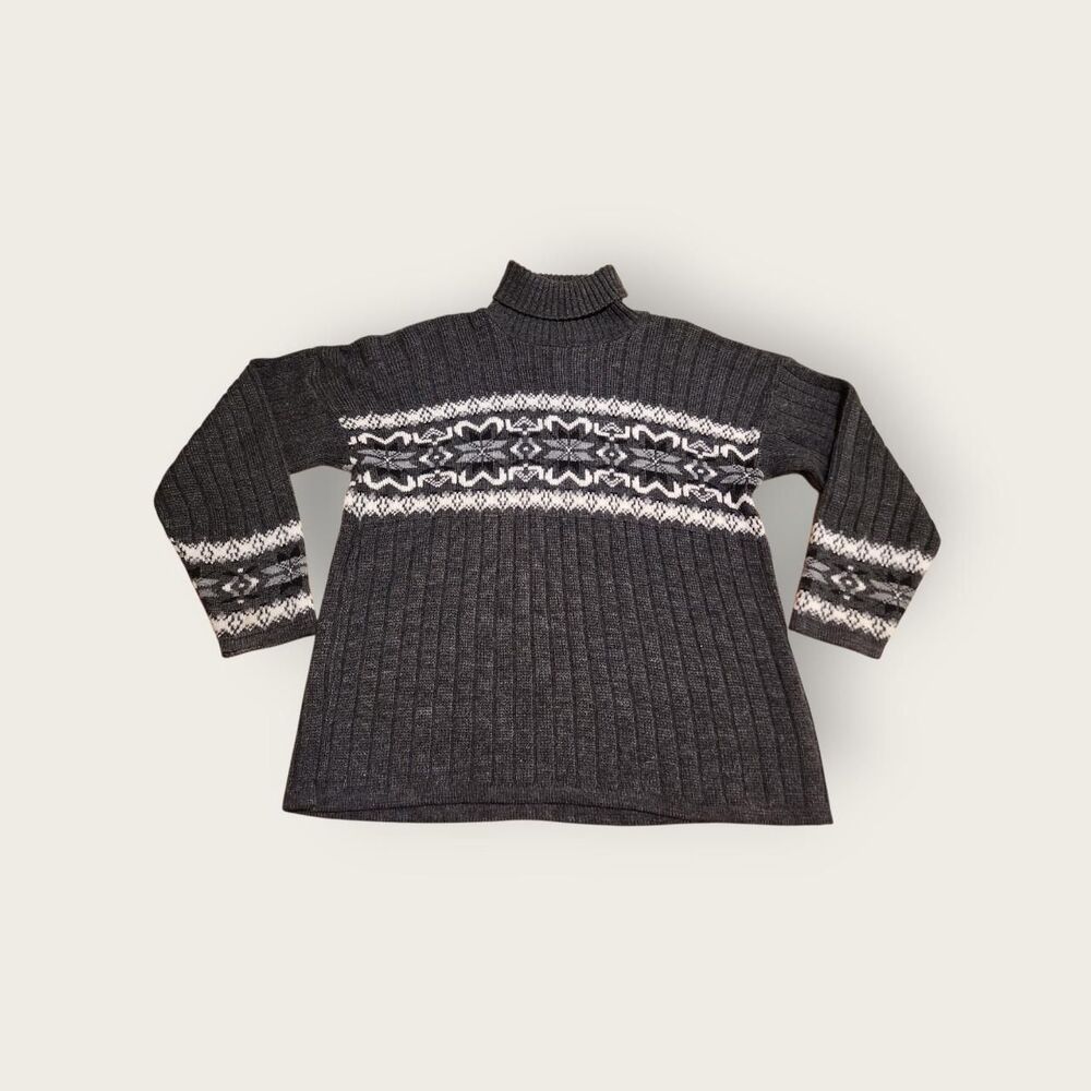 Vintage Y2k Private Eyes grey ribbed snowflake graphic turtleneck sweater